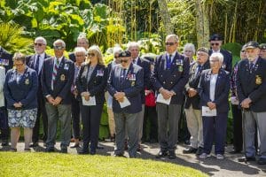 FALMOUTH, ENGLAND - JUNE 06: Ex-service and current military personnel and dignitaries gather for a D-Day service held in Kimberley Park during commemorations for the 80th Anniversary of D-Day on June 06, 2024 in Falmouth, England. Falmouth played a pivotal part in the D-Day landings which took place 80 years ago today on the beaches of northern France. From 1943 through to June 1944, there were 24 military bases in Cornwall housing tens of thousands of American troops who left for Normandy from Trebah Gardens, near Falmouth. 